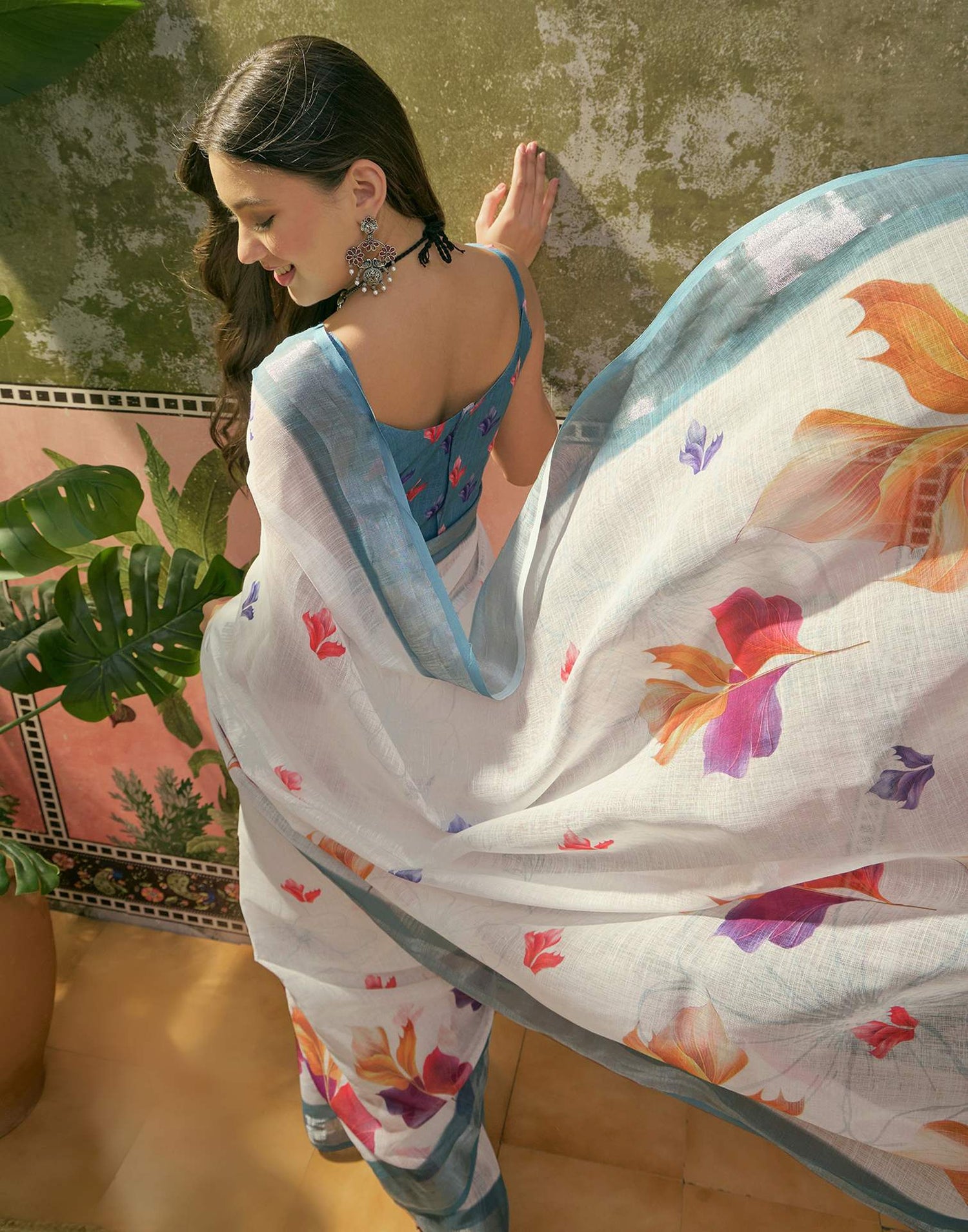 White Linen Floral Printed Saree