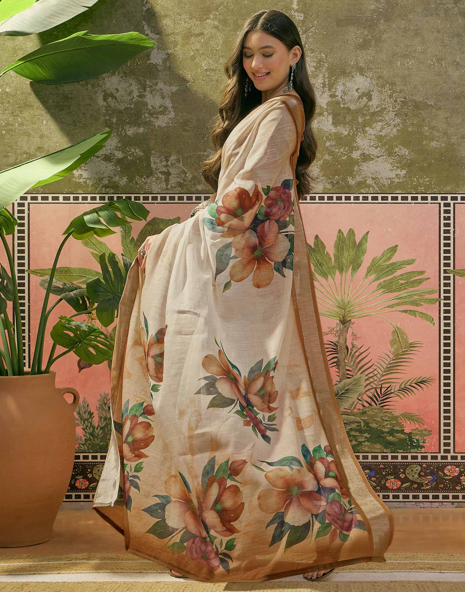 White Linen Floral Printed Saree