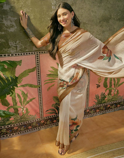 White Linen Floral Printed Saree