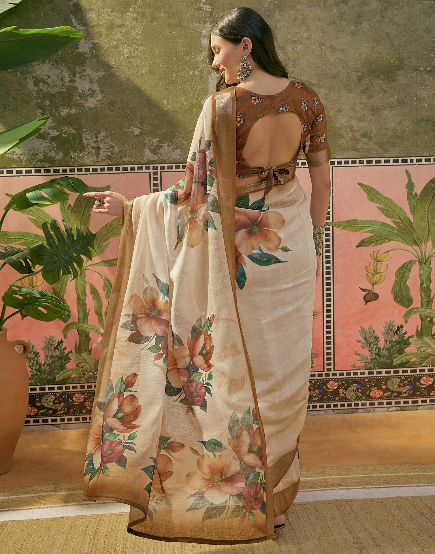 White Linen Floral Printed Saree