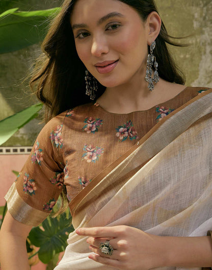 White Linen Floral Printed Saree