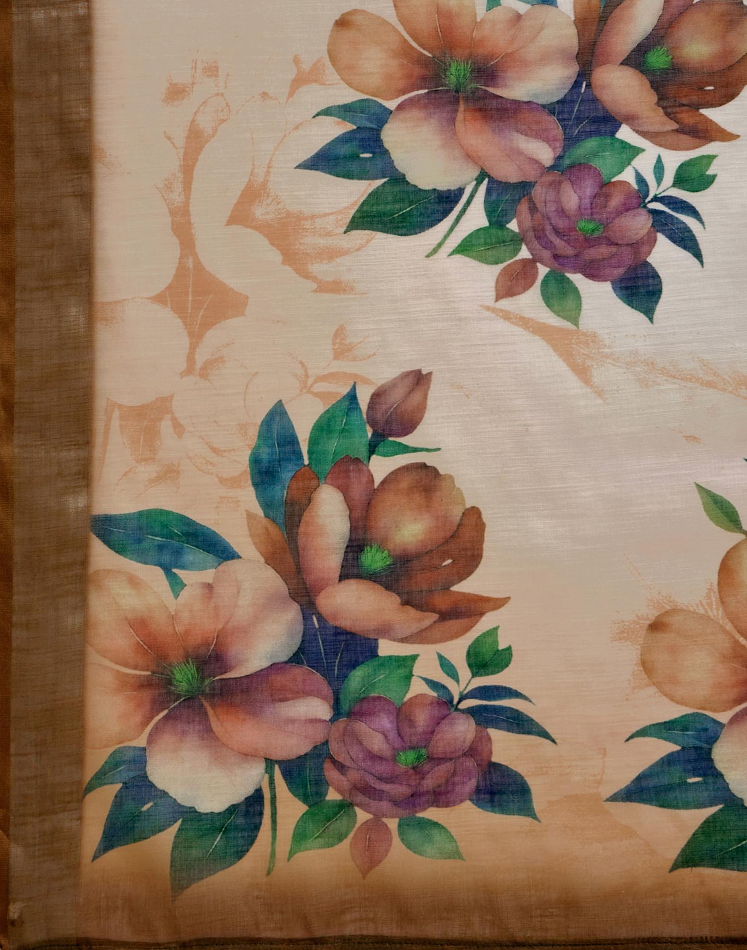 White Linen Floral Printed Saree