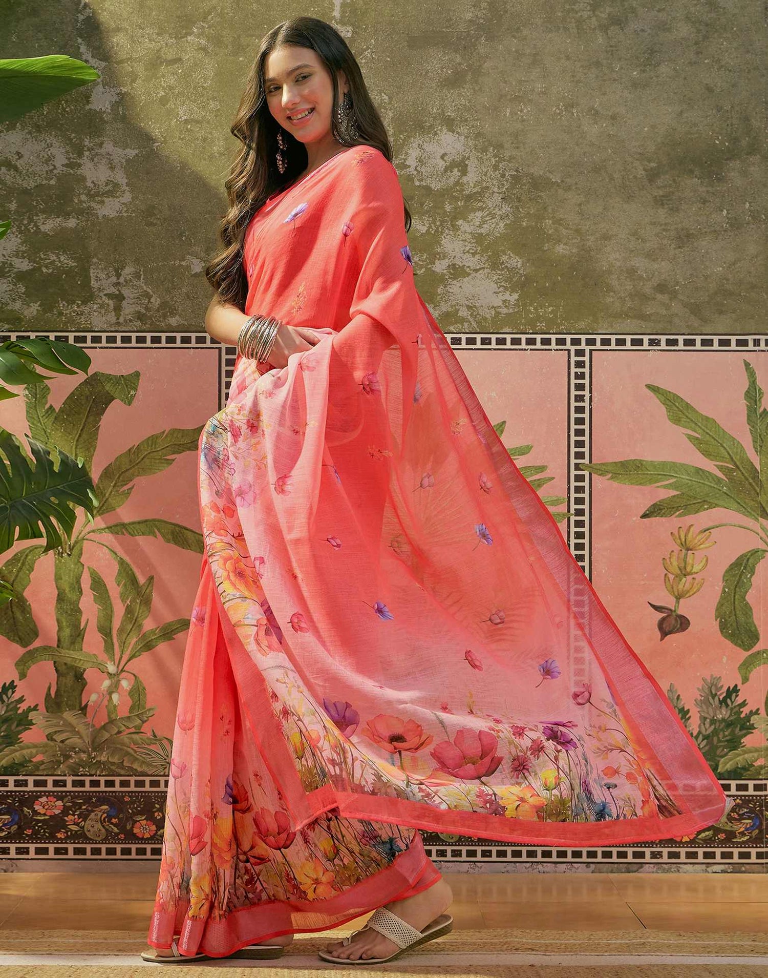 Coral Pink Linen Floral Printed Saree