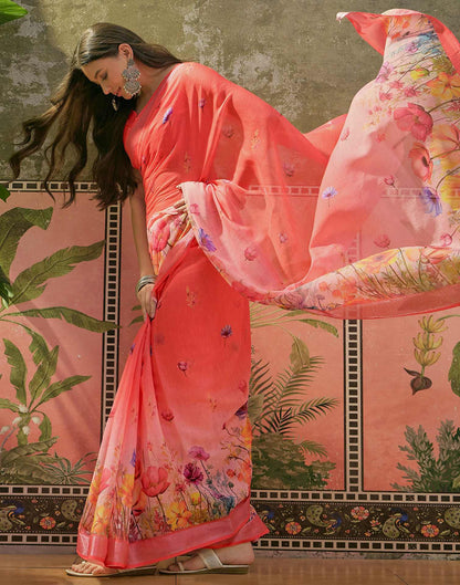 Coral Pink Linen Floral Printed Saree