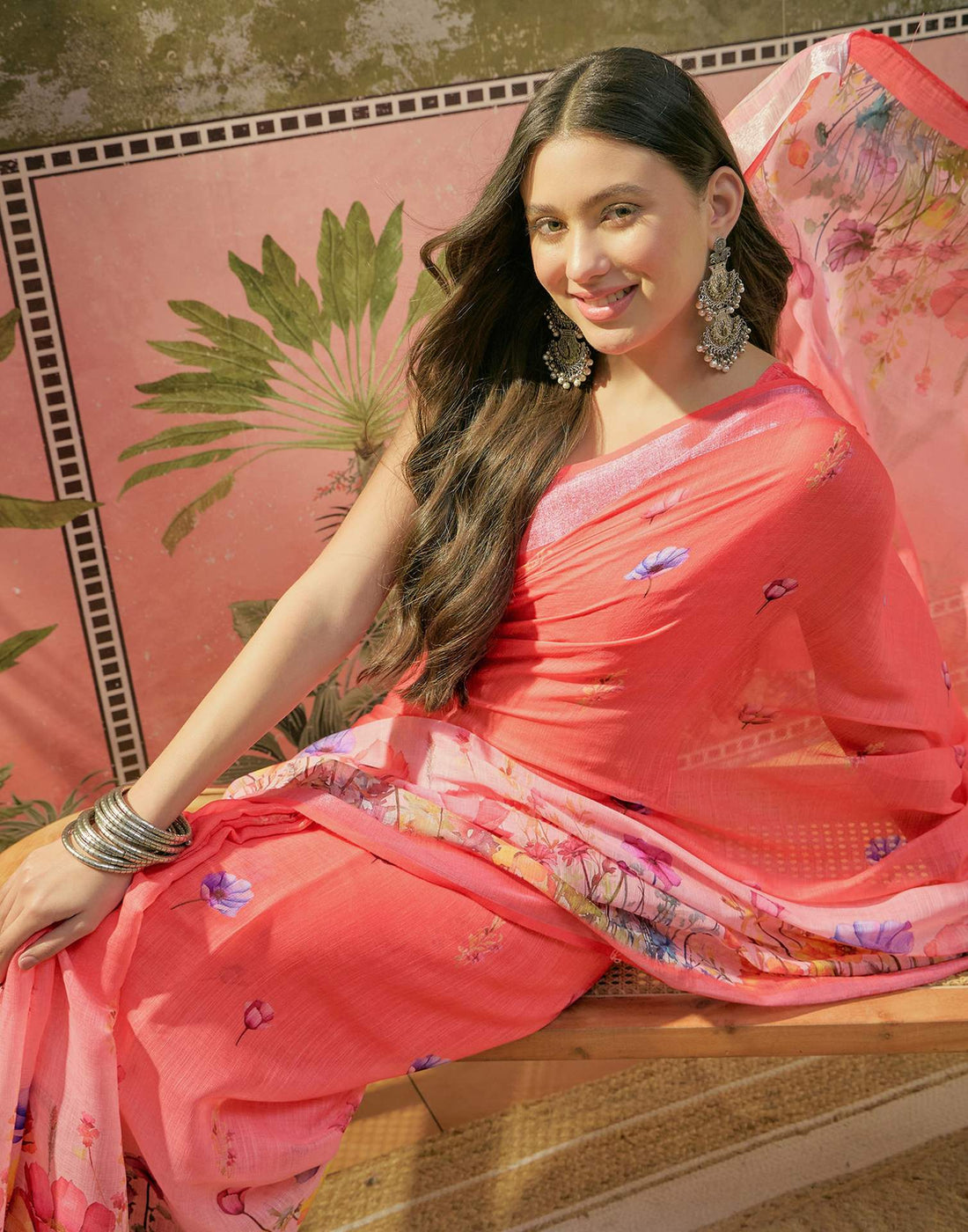 Coral Pink Linen Floral Printed Saree