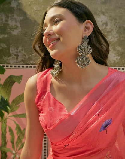 Coral Pink Linen Floral Printed Saree