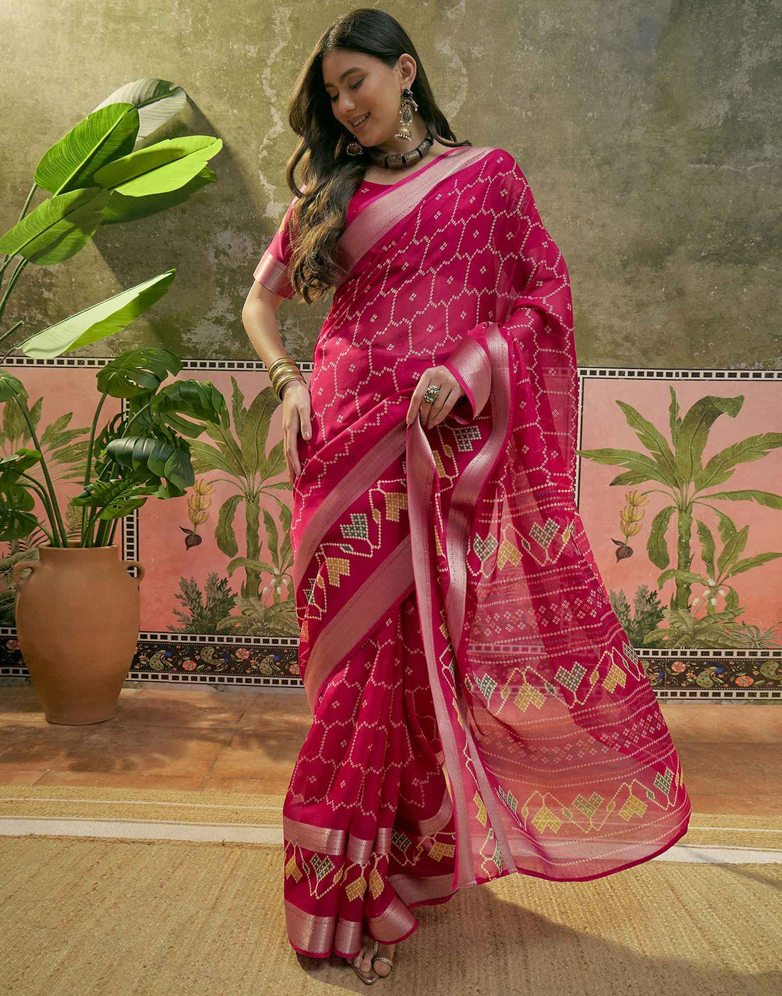 Rani Pink Georgette Bandhani Printed Saree
