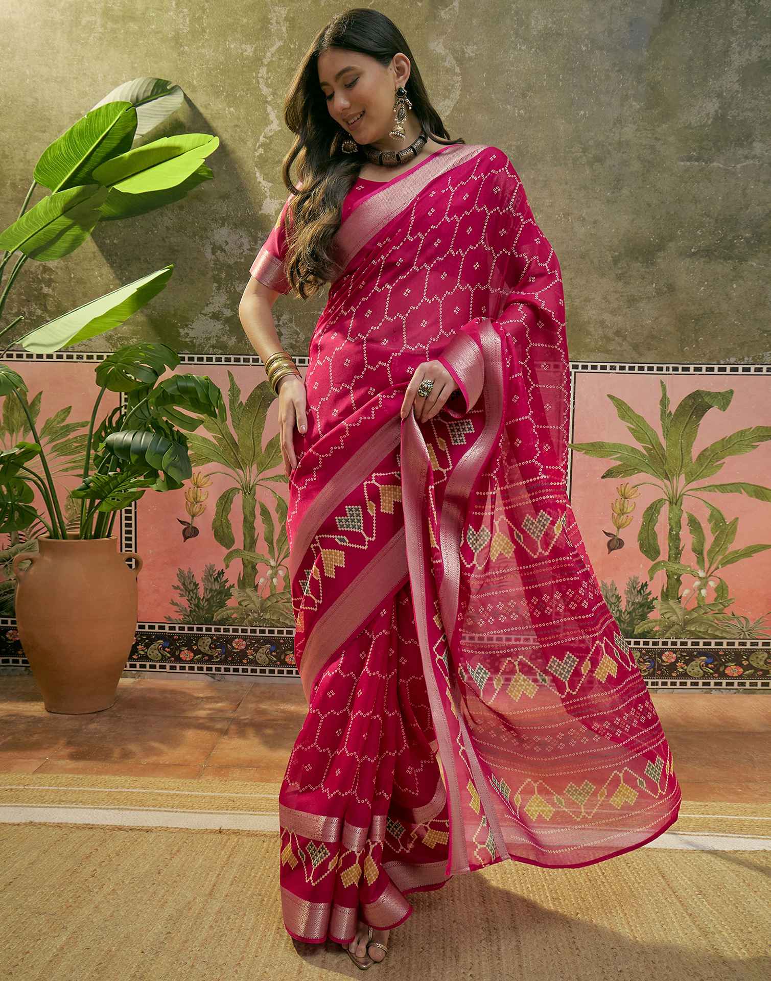 Rani Pink Georgette Bandhani Printed Saree