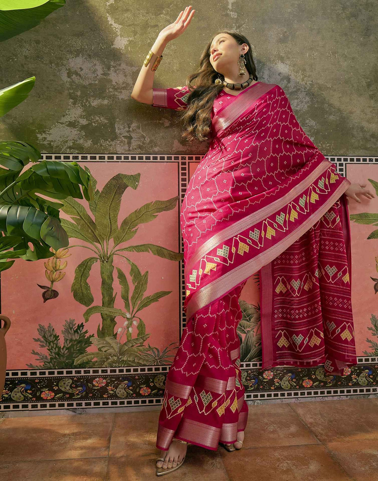 Rani Pink Georgette Bandhani Printed Saree