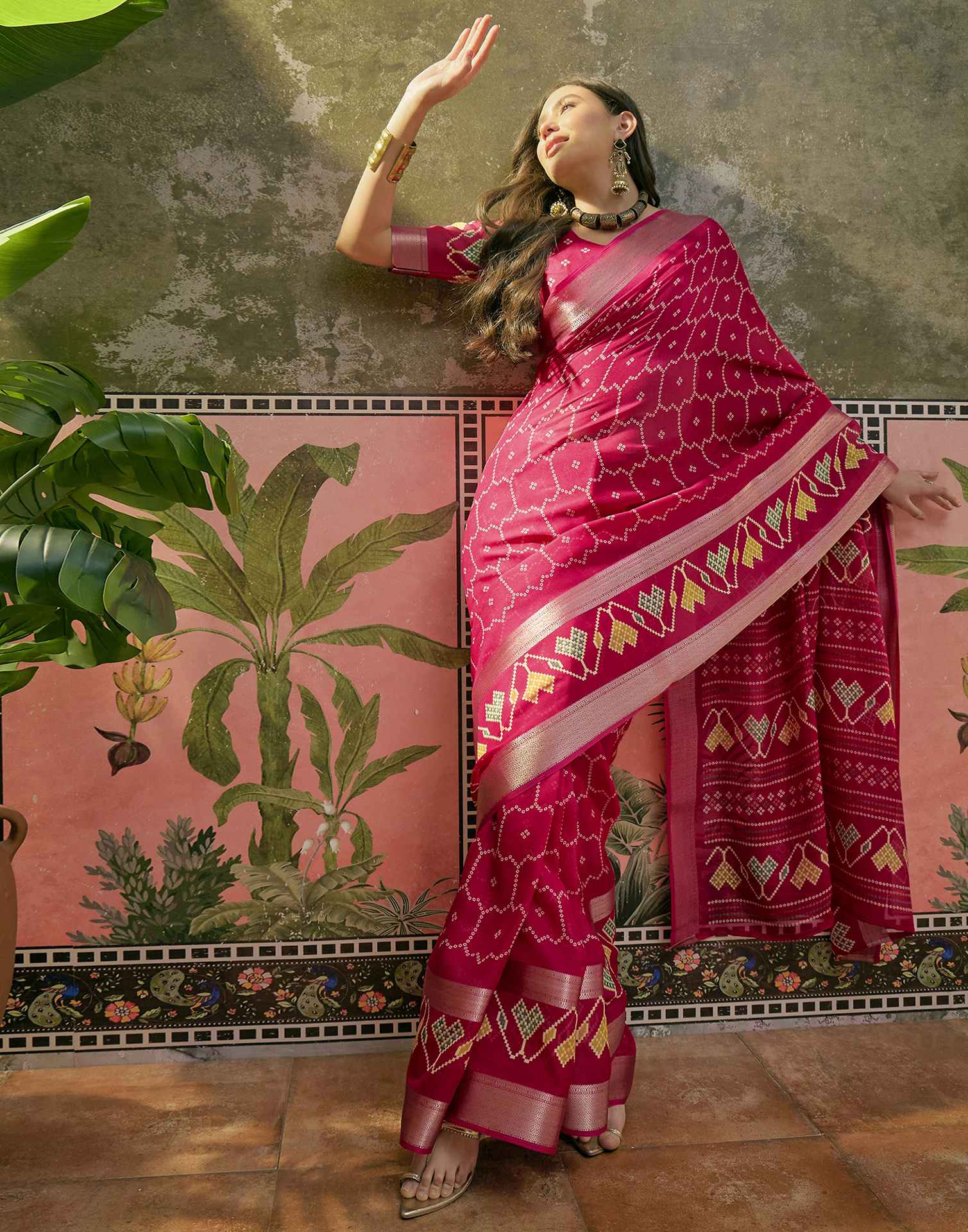 Rani Pink Georgette Bandhani Printed Saree