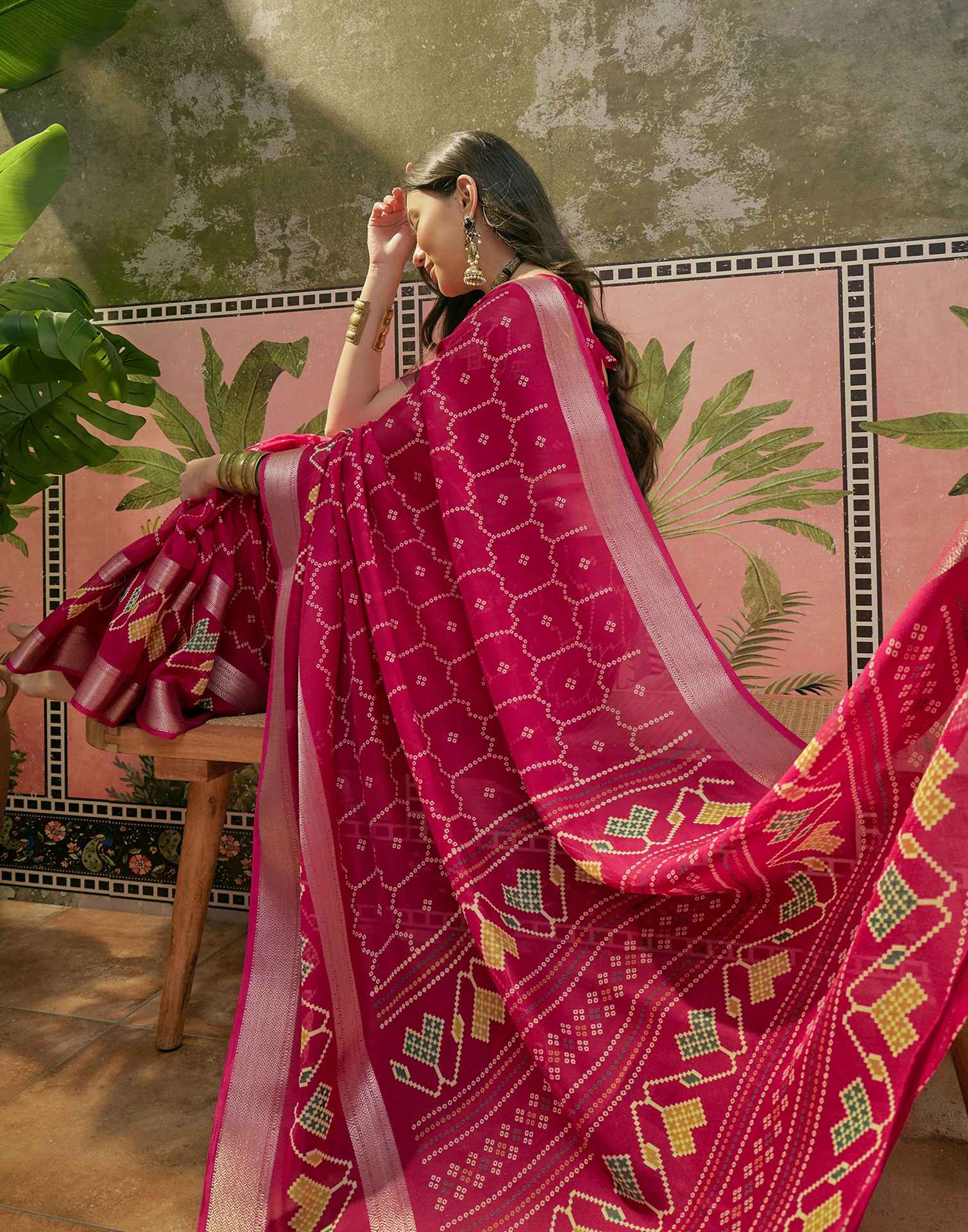 Rani Pink Georgette Bandhani Printed Saree