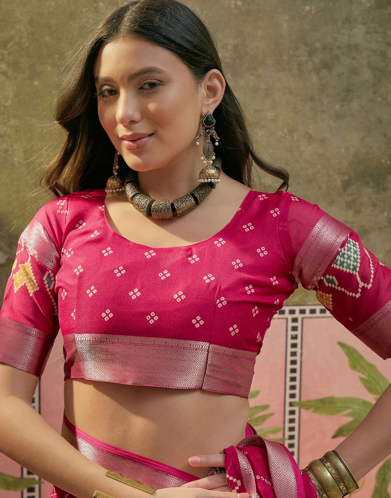 Rani Pink Georgette Bandhani Printed Saree