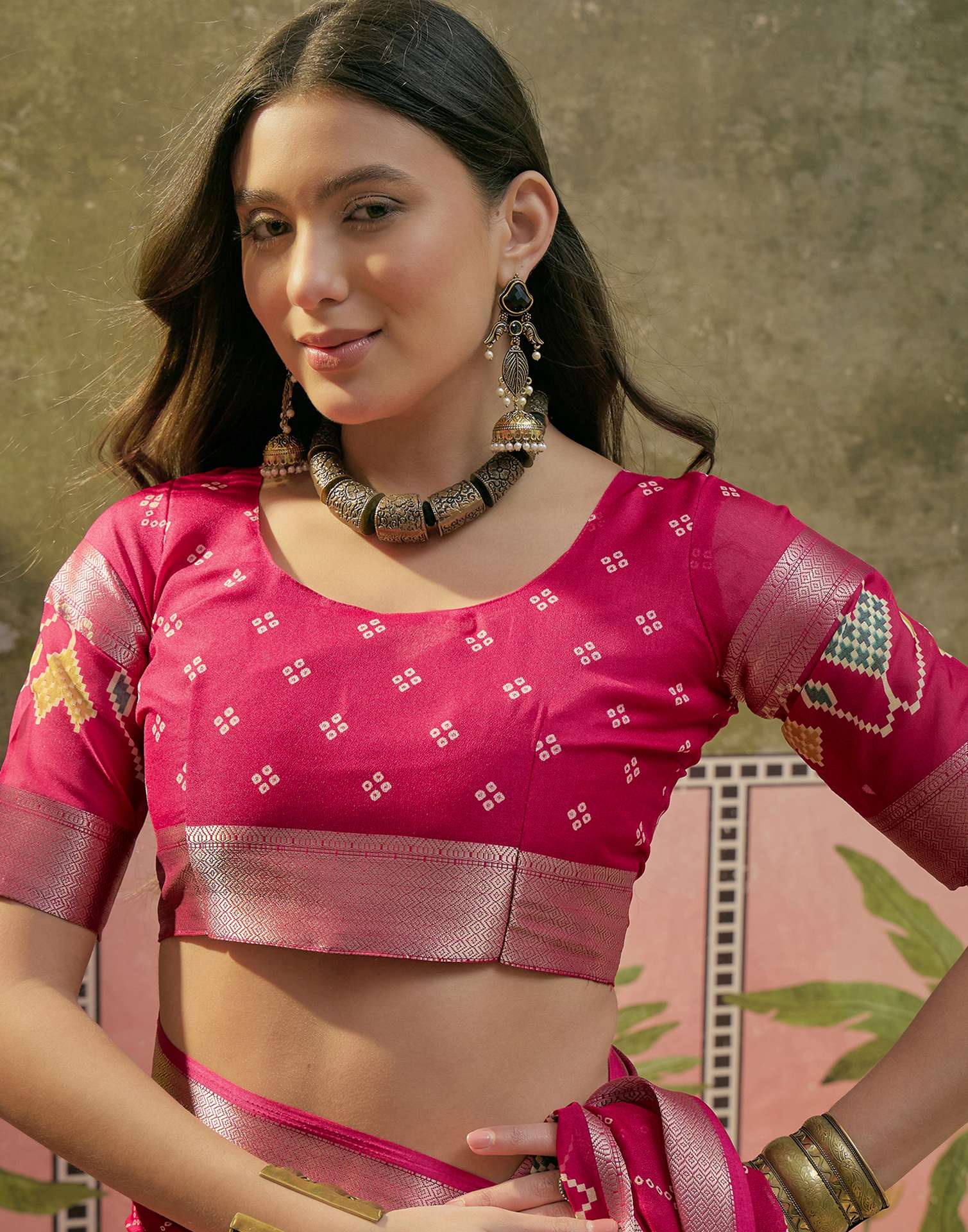 Rani Pink Georgette Bandhani Printed Saree