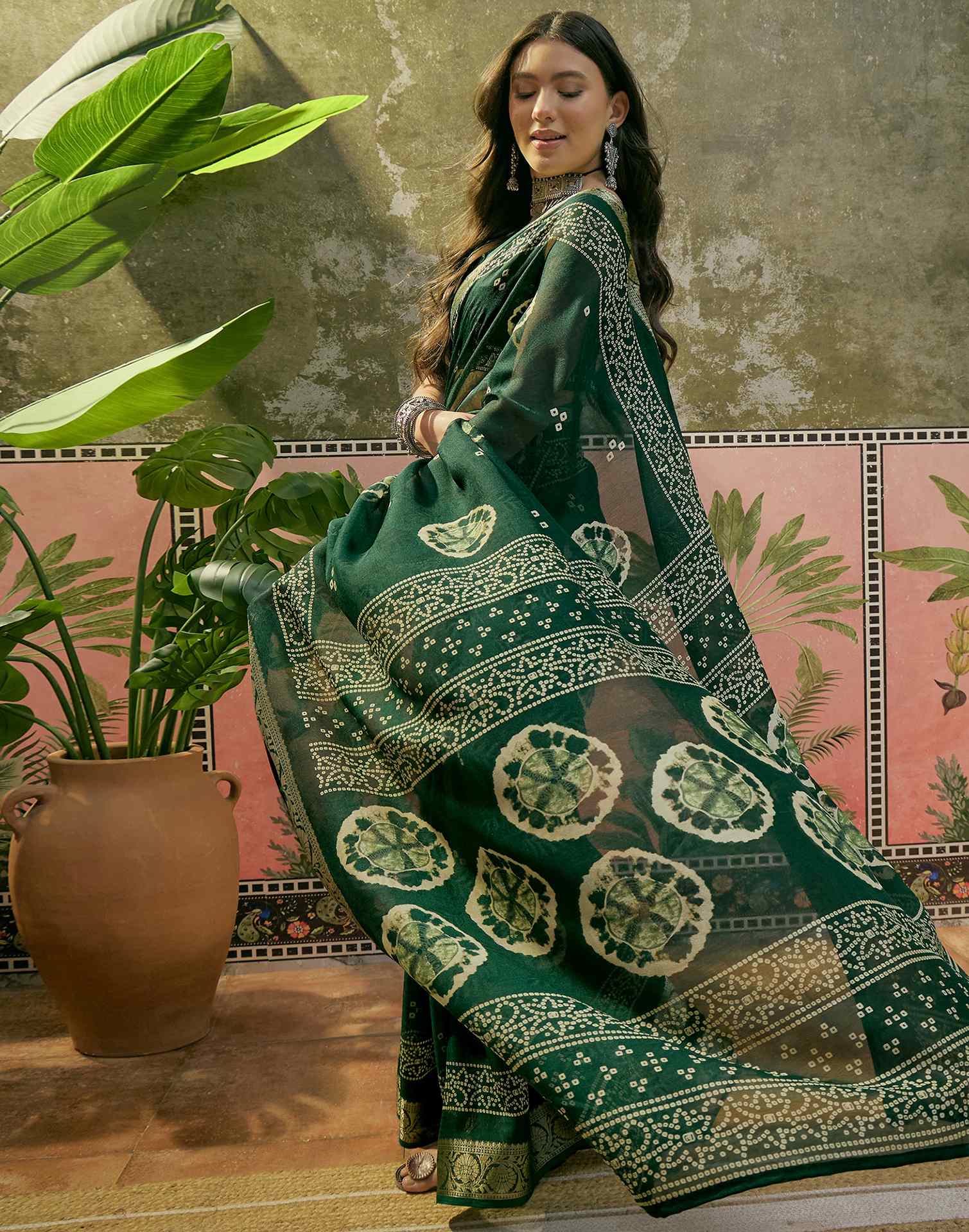 Dark Green Georgette Bandhani Printed Saree
