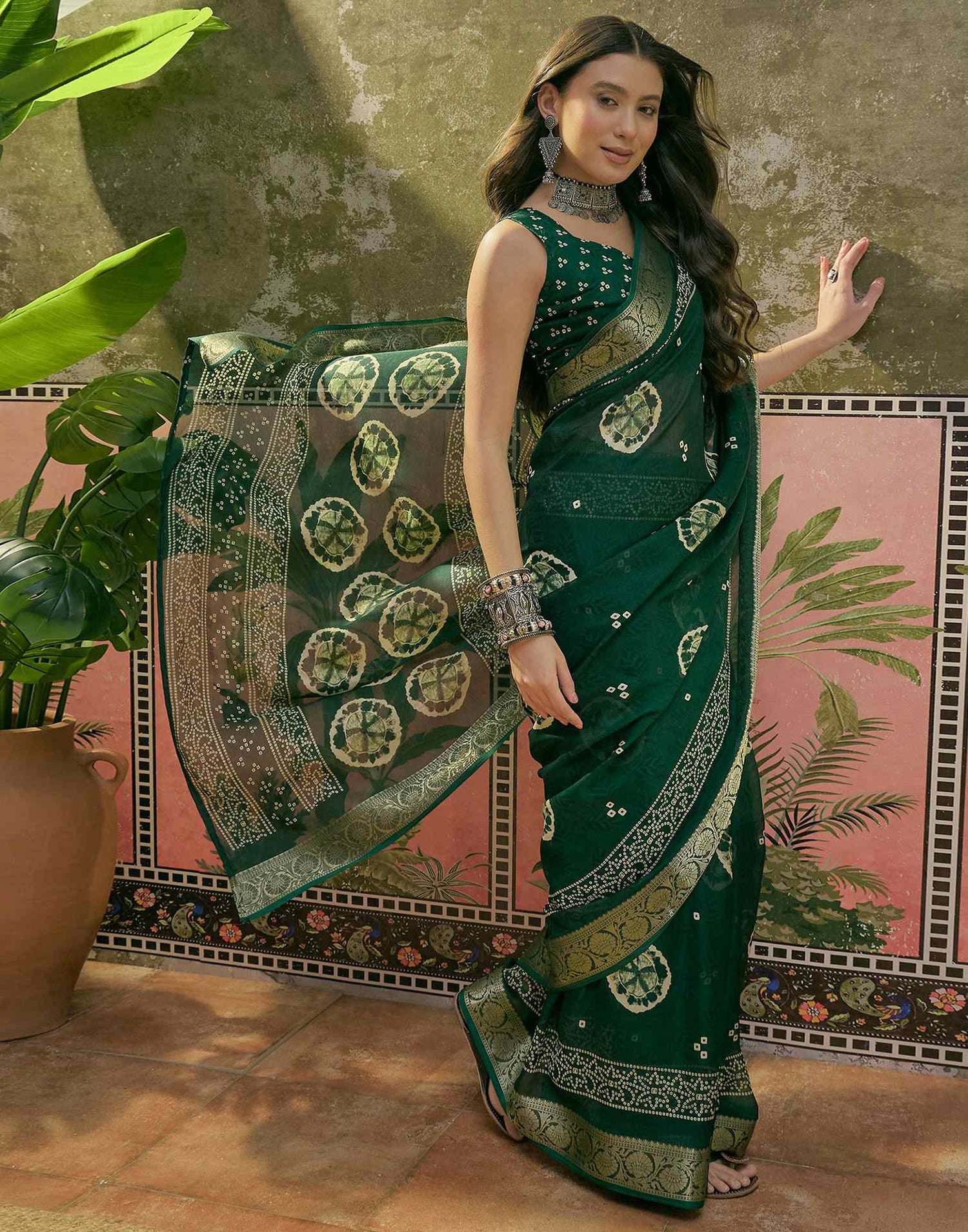 Dark Green Georgette Bandhani Printed Saree