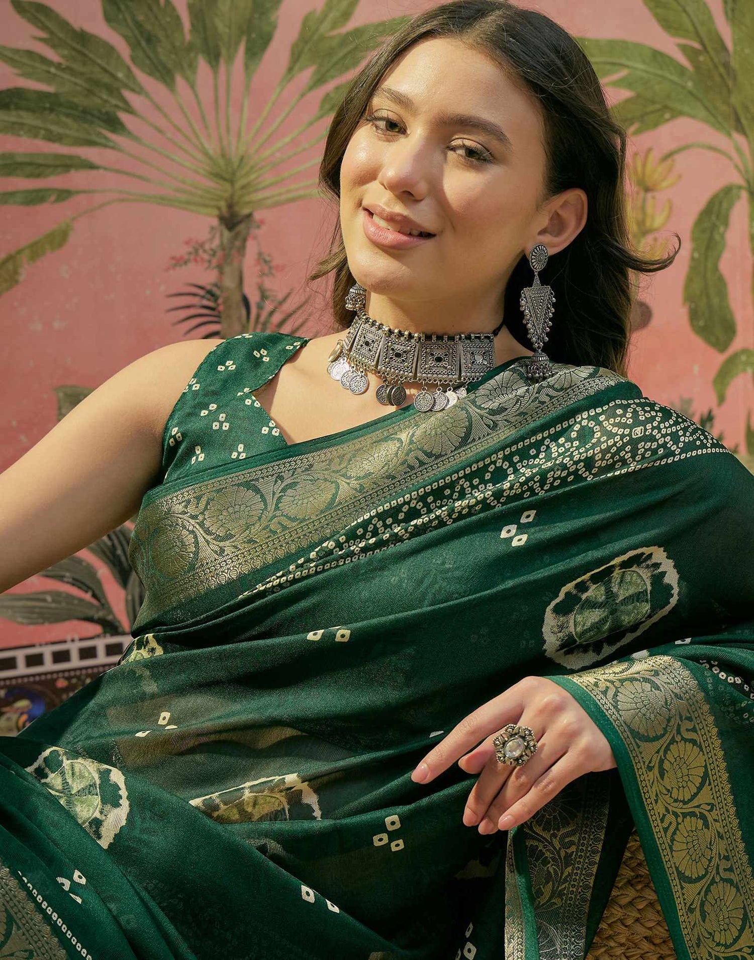 Dark Green Georgette Bandhani Printed Saree