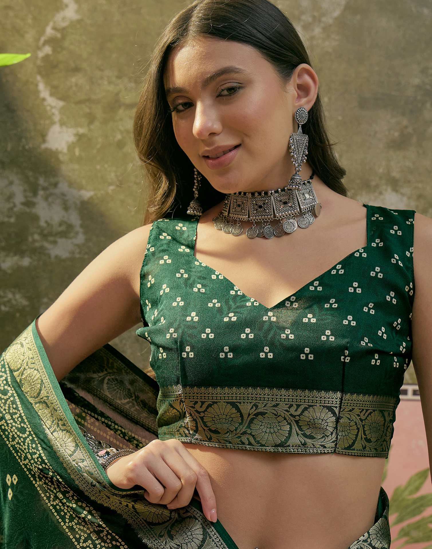 Dark Green Georgette Bandhani Printed Saree