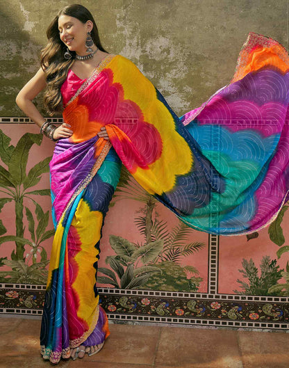 Multicoloured Chiffon Bandhani Printed Embroidery Saree