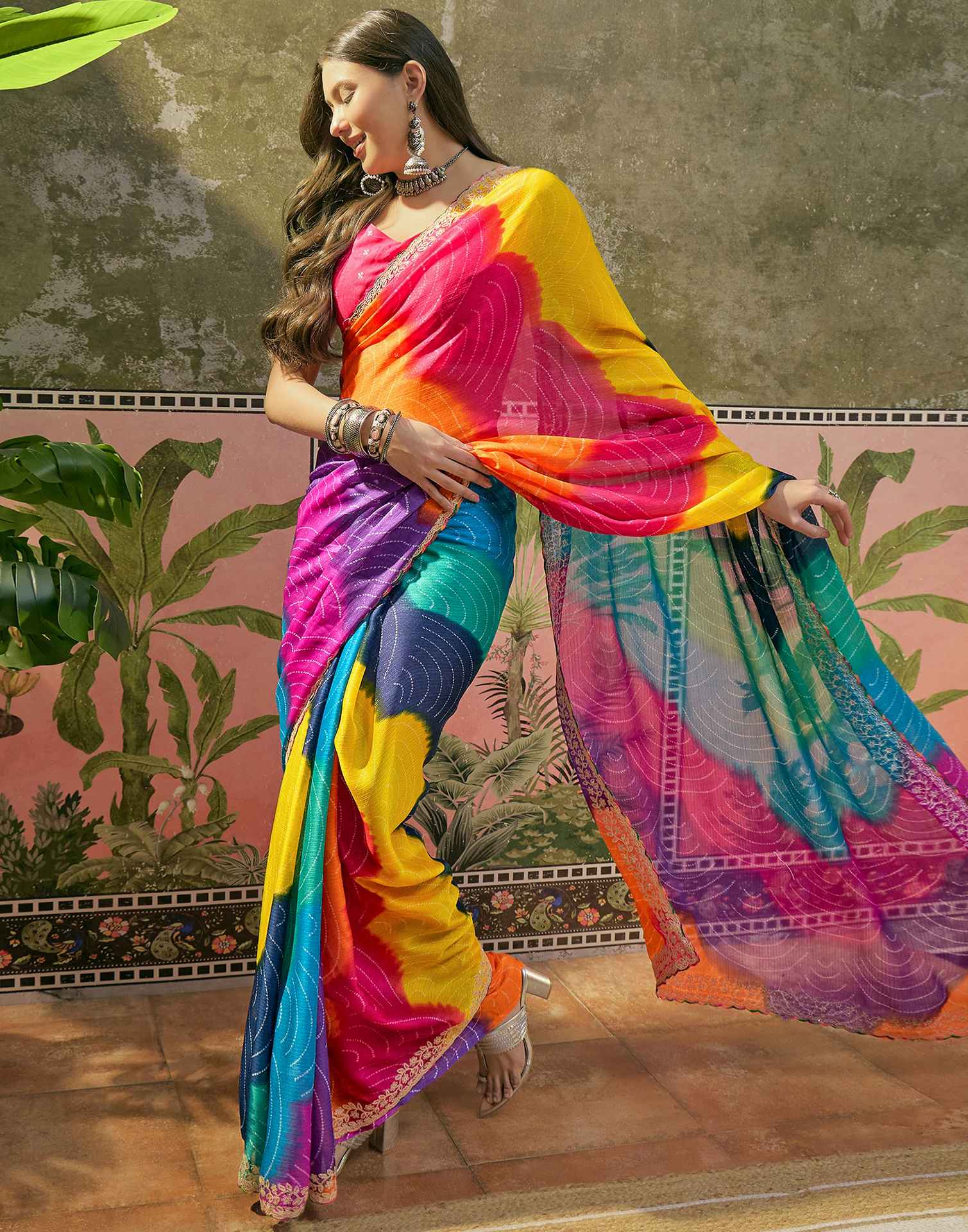 Multicoloured Chiffon Bandhani Printed Embroidery Saree