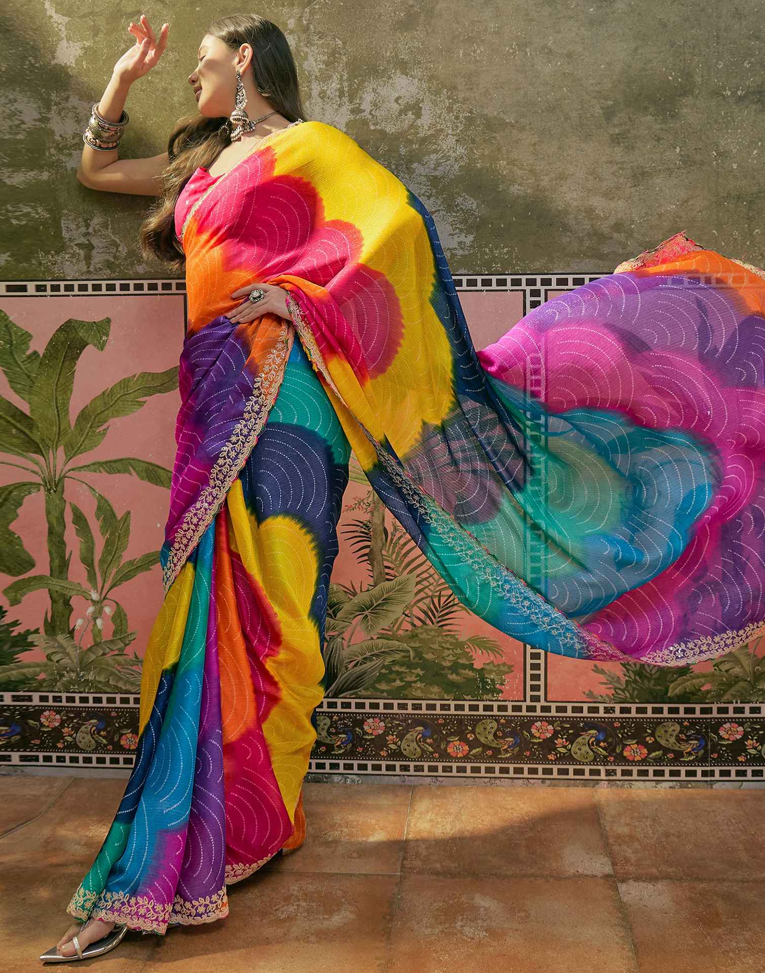 Multicoloured Chiffon Bandhani Printed Embroidery Saree