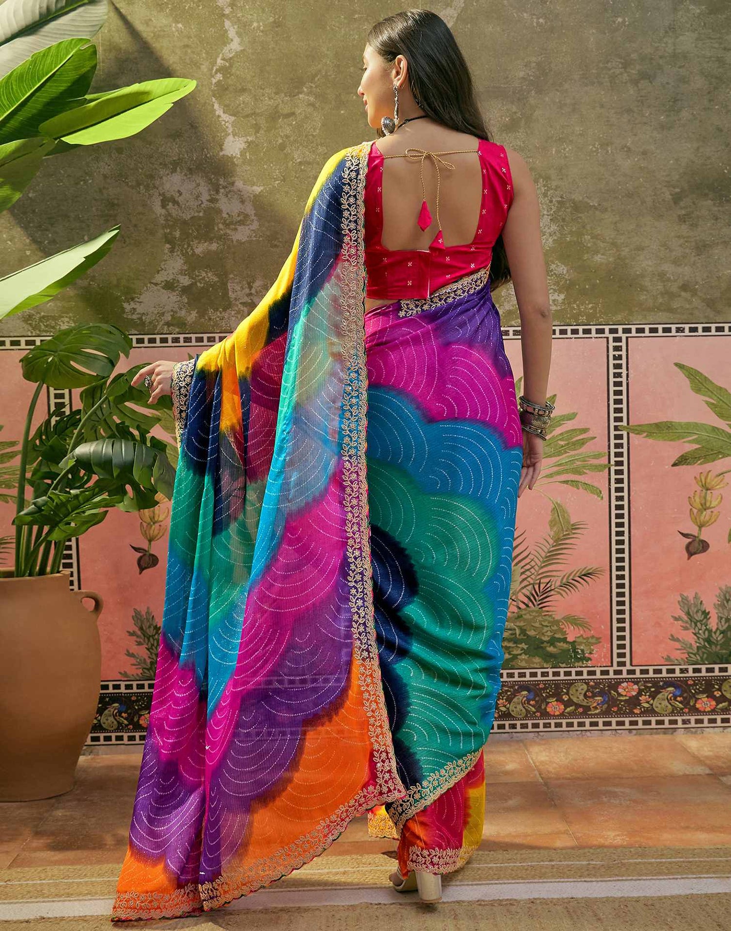 Multicoloured Chiffon Bandhani Printed Embroidery Saree