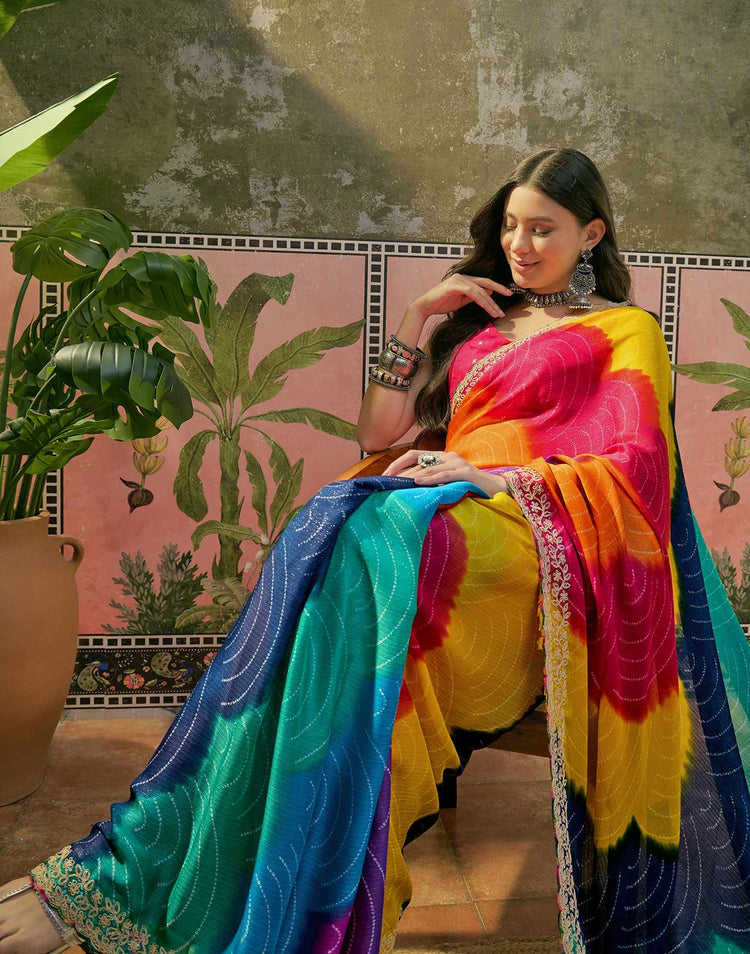 Multicoloured Chiffon Bandhani Printed Embroidery Saree