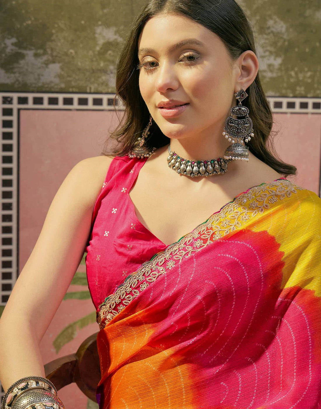 Multicoloured Chiffon Bandhani Printed Embroidery Saree