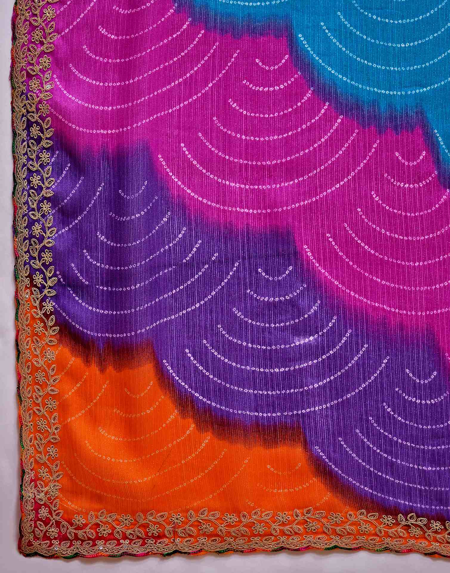 Multicoloured Chiffon Bandhani Printed Embroidery Saree