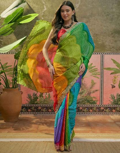 Multicoloured Chiffon Bandhani Printed Embroidery Saree