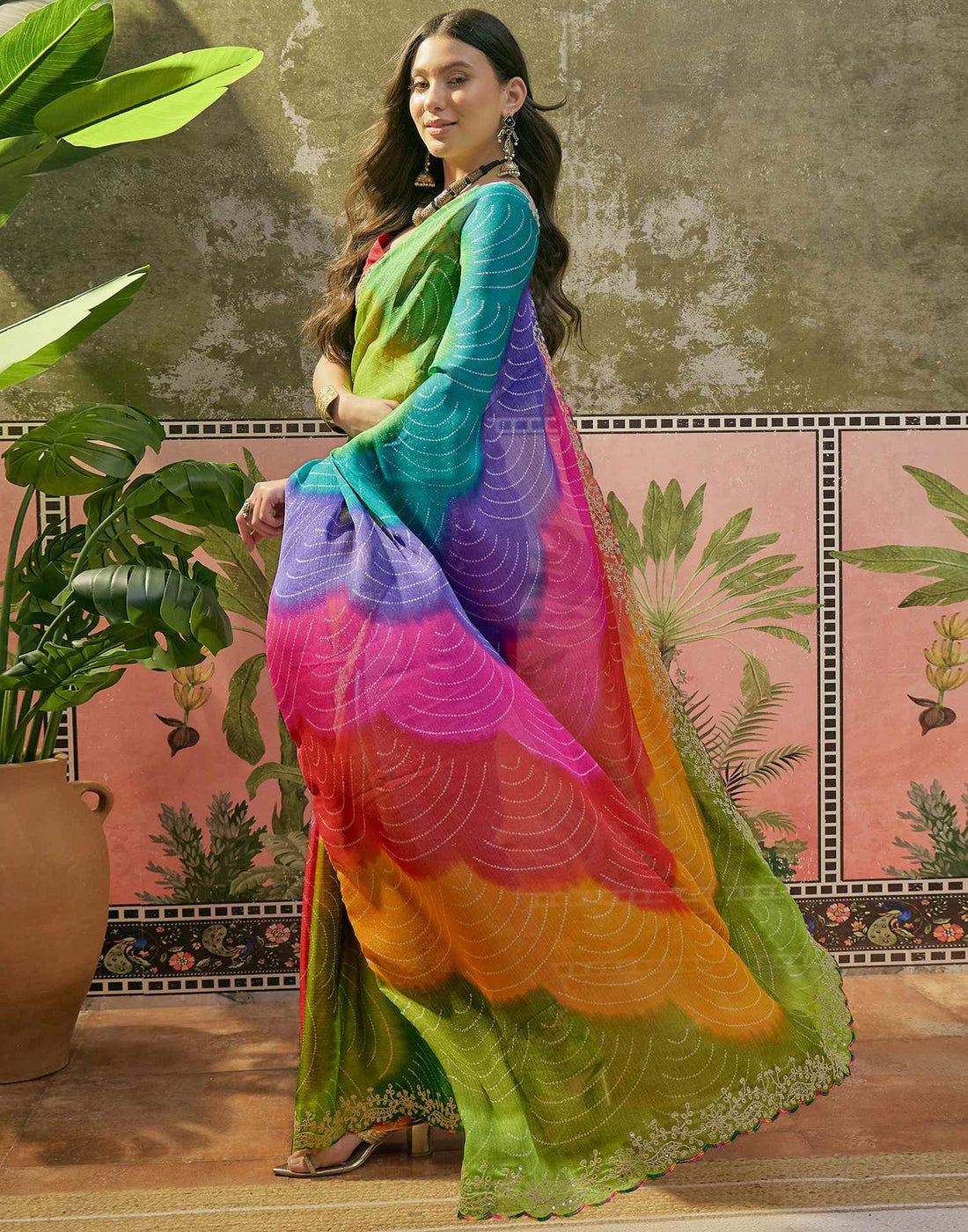 Multicoloured Chiffon Bandhani Printed Embroidery Saree