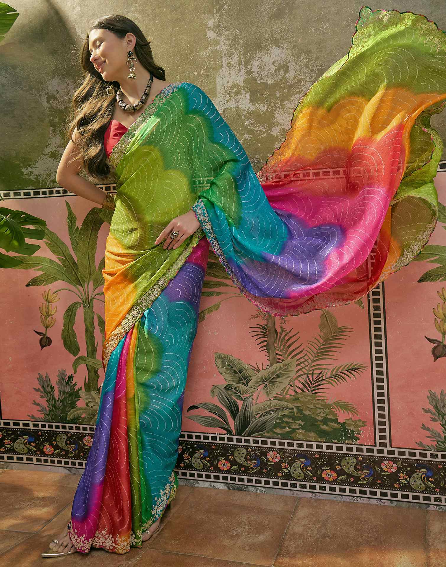 Multicoloured Chiffon Bandhani Printed Embroidery Saree