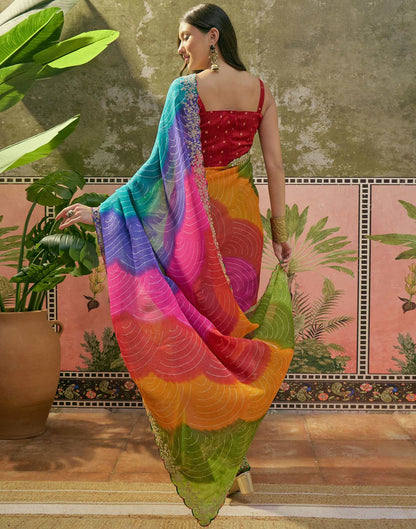 Multicoloured Chiffon Bandhani Printed Embroidery Saree