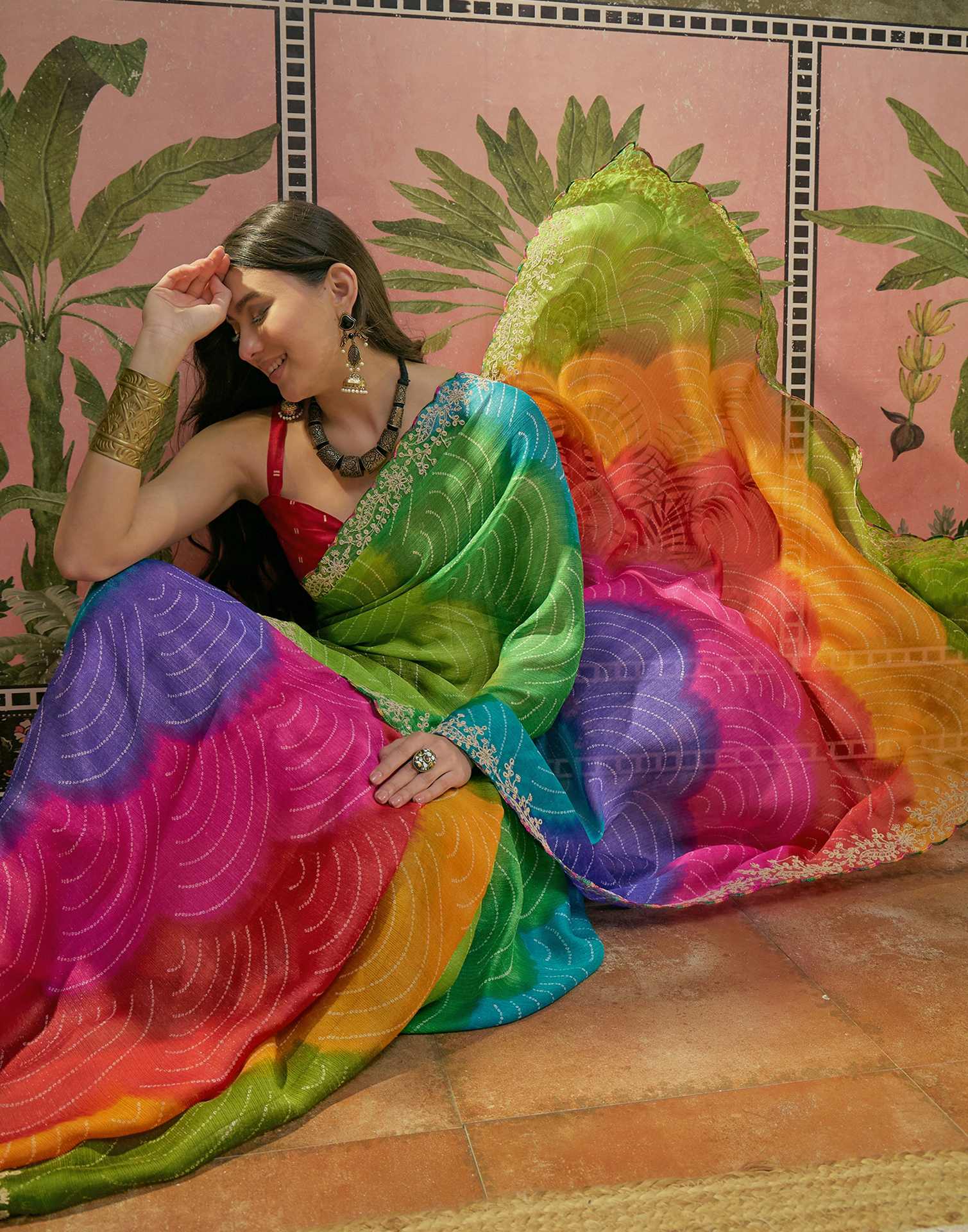 Multicoloured Chiffon Bandhani Printed Embroidery Saree