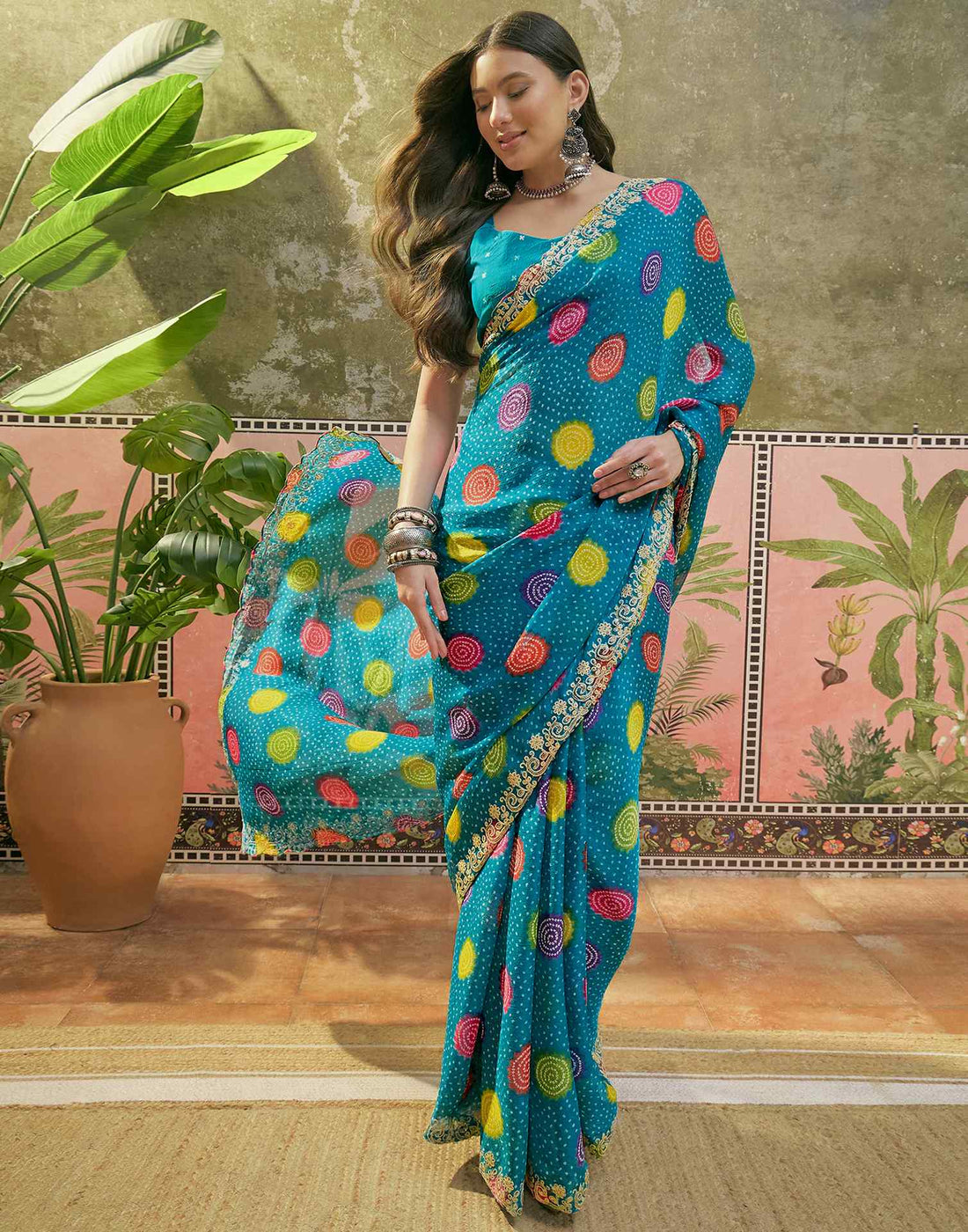Turquoise Blue Chiffon Bandhani Printed Embroidery Saree