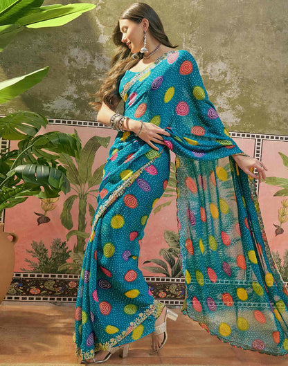 Turquoise Blue Chiffon Bandhani Printed Embroidery Saree