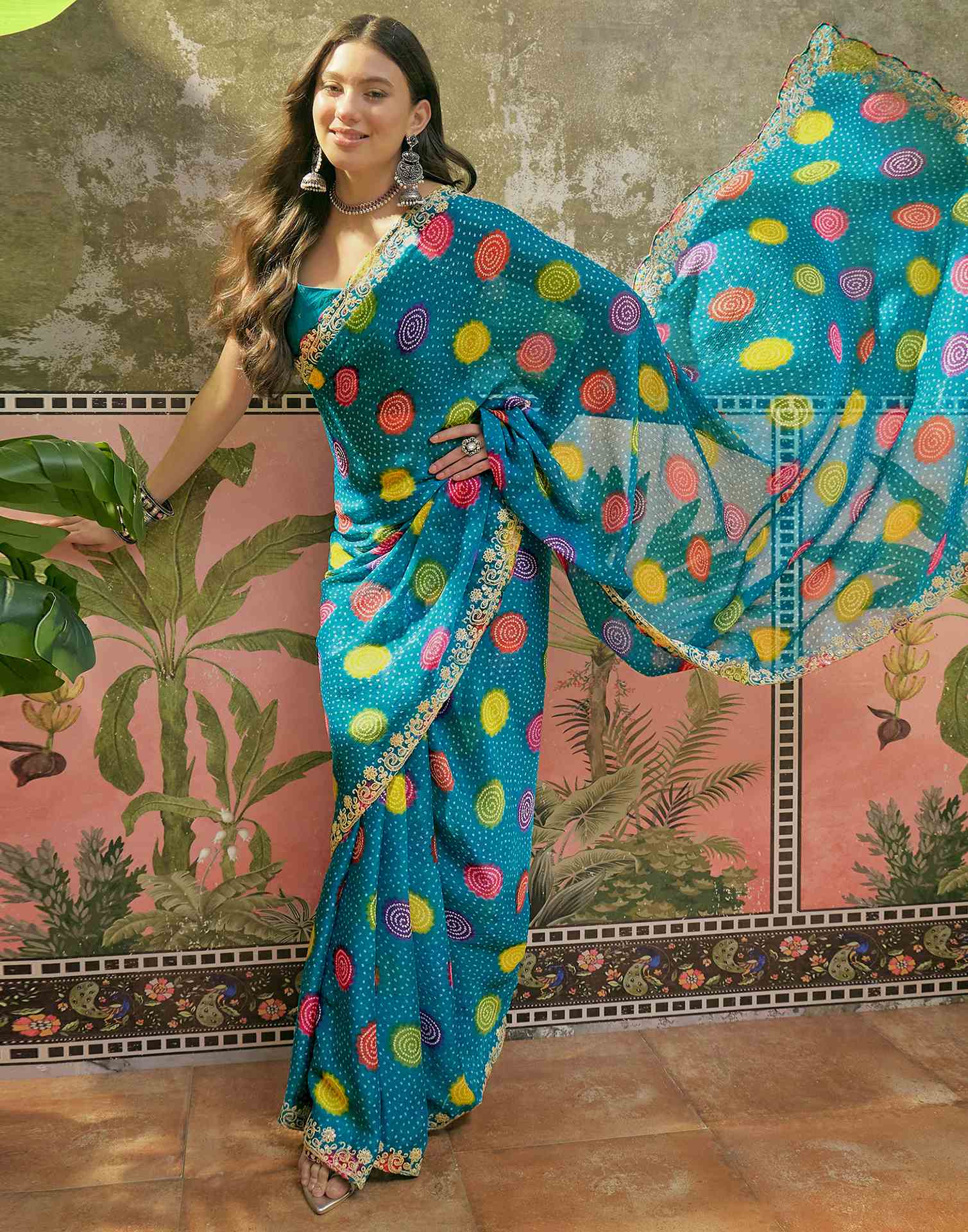 Turquoise Blue Chiffon Bandhani Printed Embroidery Saree