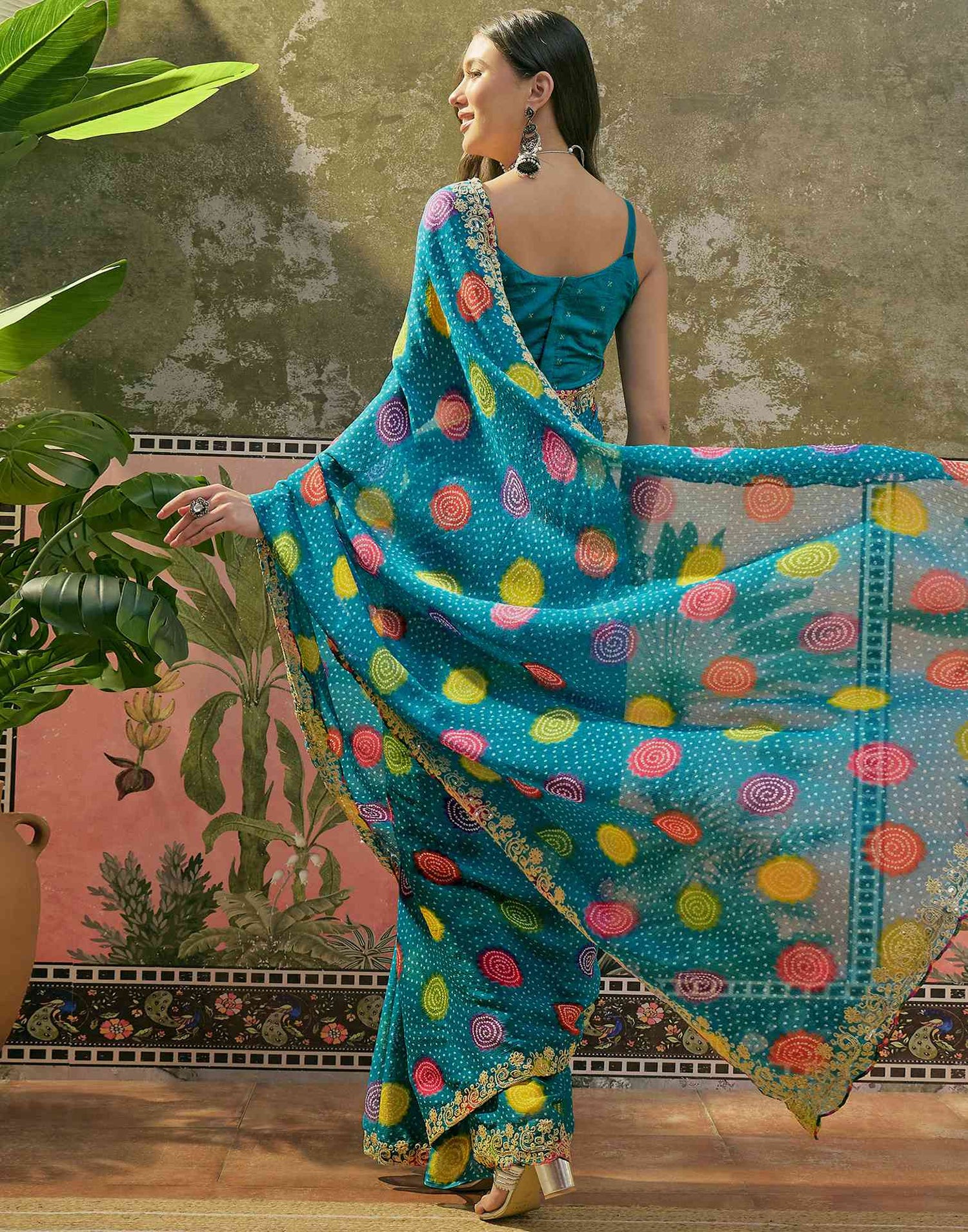 Turquoise Blue Chiffon Bandhani Printed Embroidery Saree