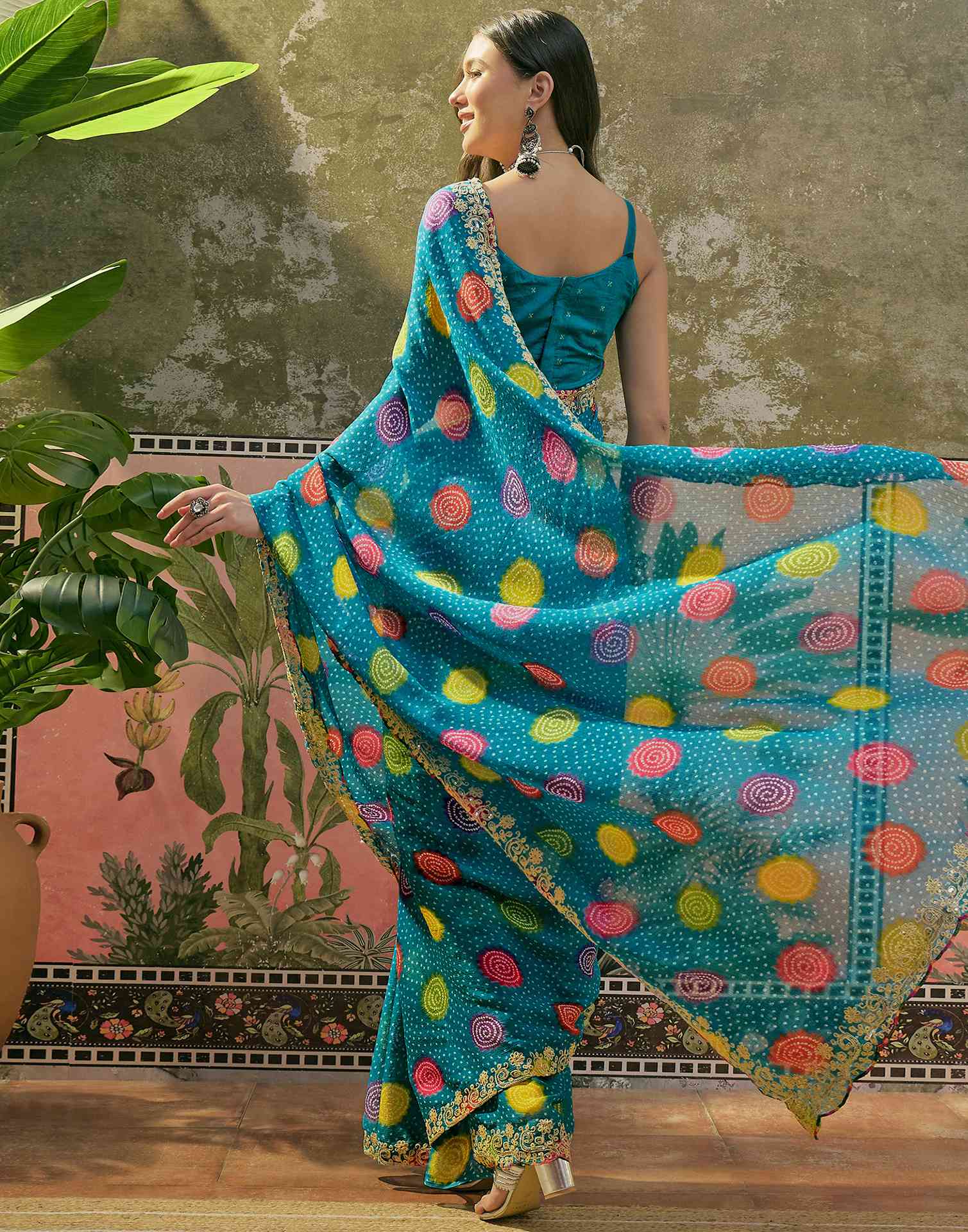Turquoise Blue Chiffon Bandhani Printed Embroidery Saree