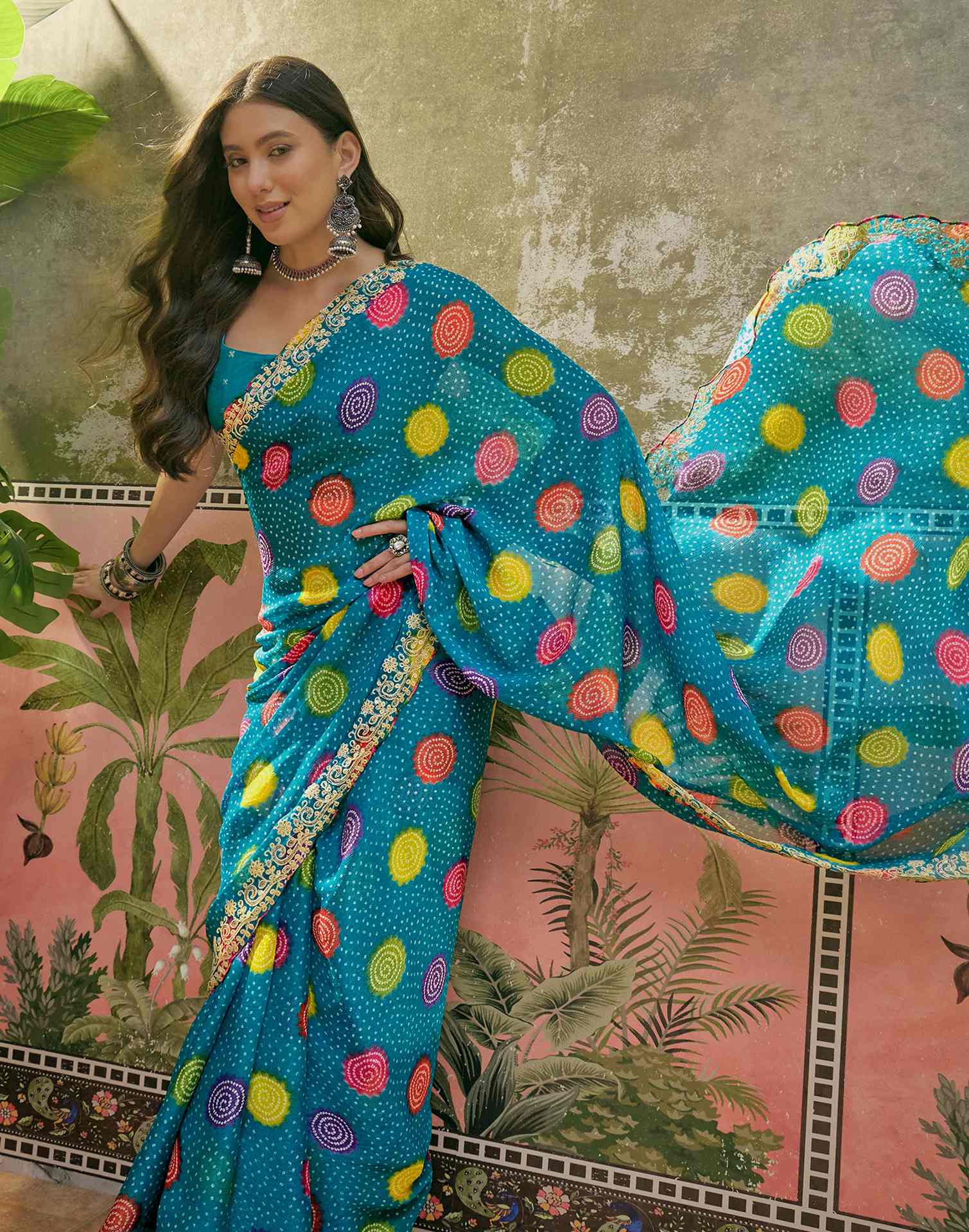 Turquoise Blue Chiffon Bandhani Printed Embroidery Saree