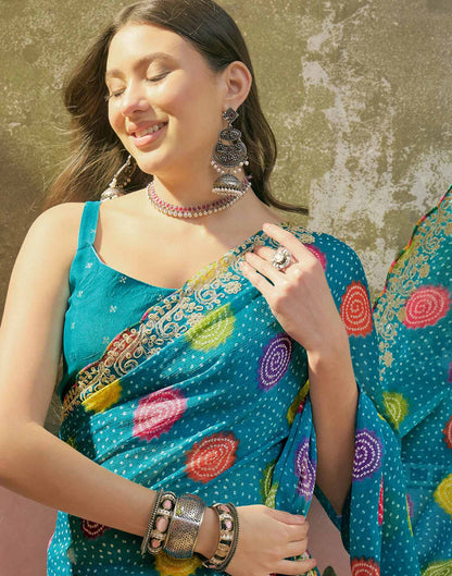 Turquoise Blue Chiffon Bandhani Printed Embroidery Saree