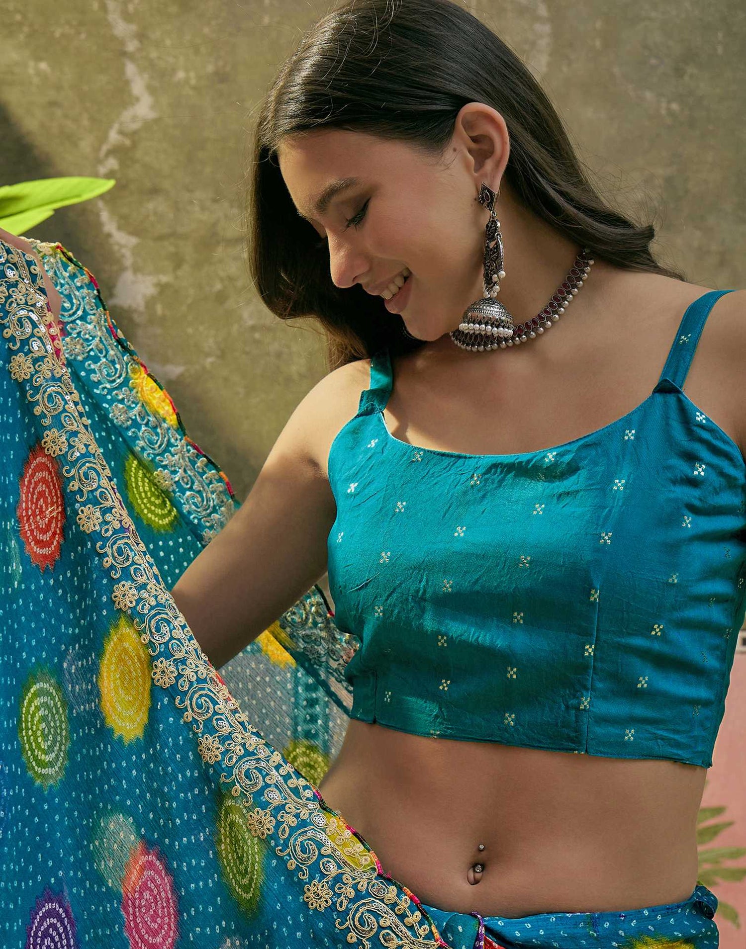 Turquoise Blue Chiffon Bandhani Printed Embroidery Saree