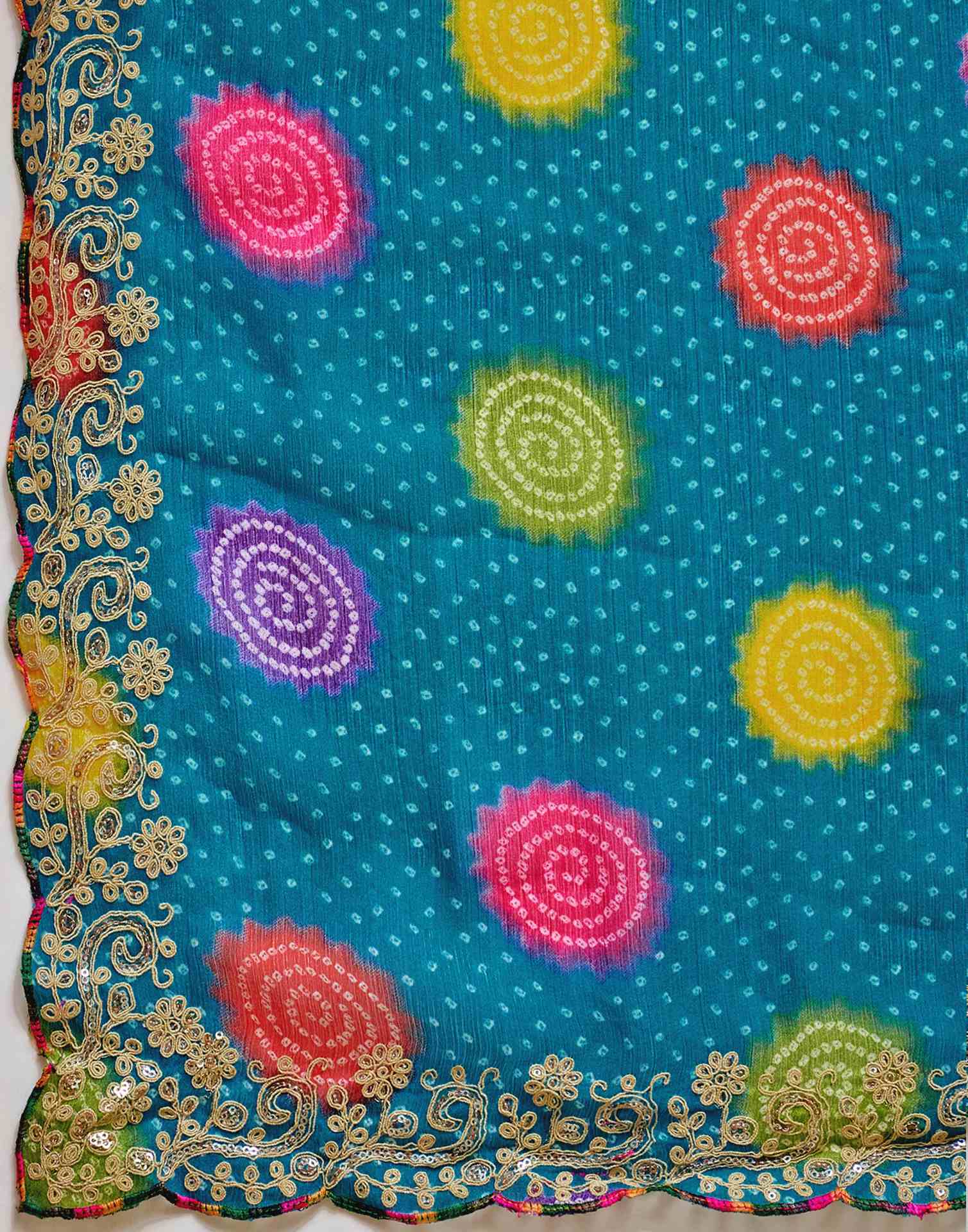 Turquoise Blue Chiffon Bandhani Printed Embroidery Saree