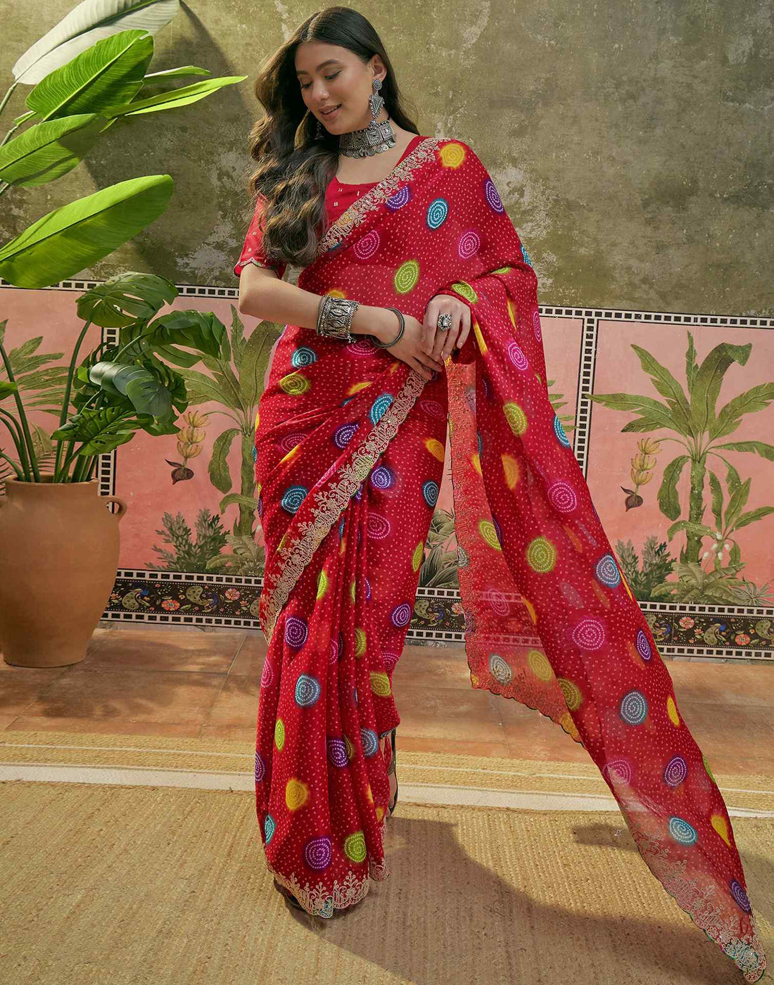 Red Chiffon Bandhani Printed Embroidery Saree