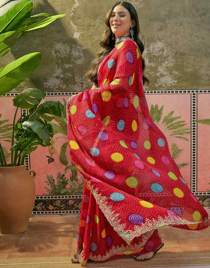 Red Chiffon Bandhani Printed Embroidery Saree