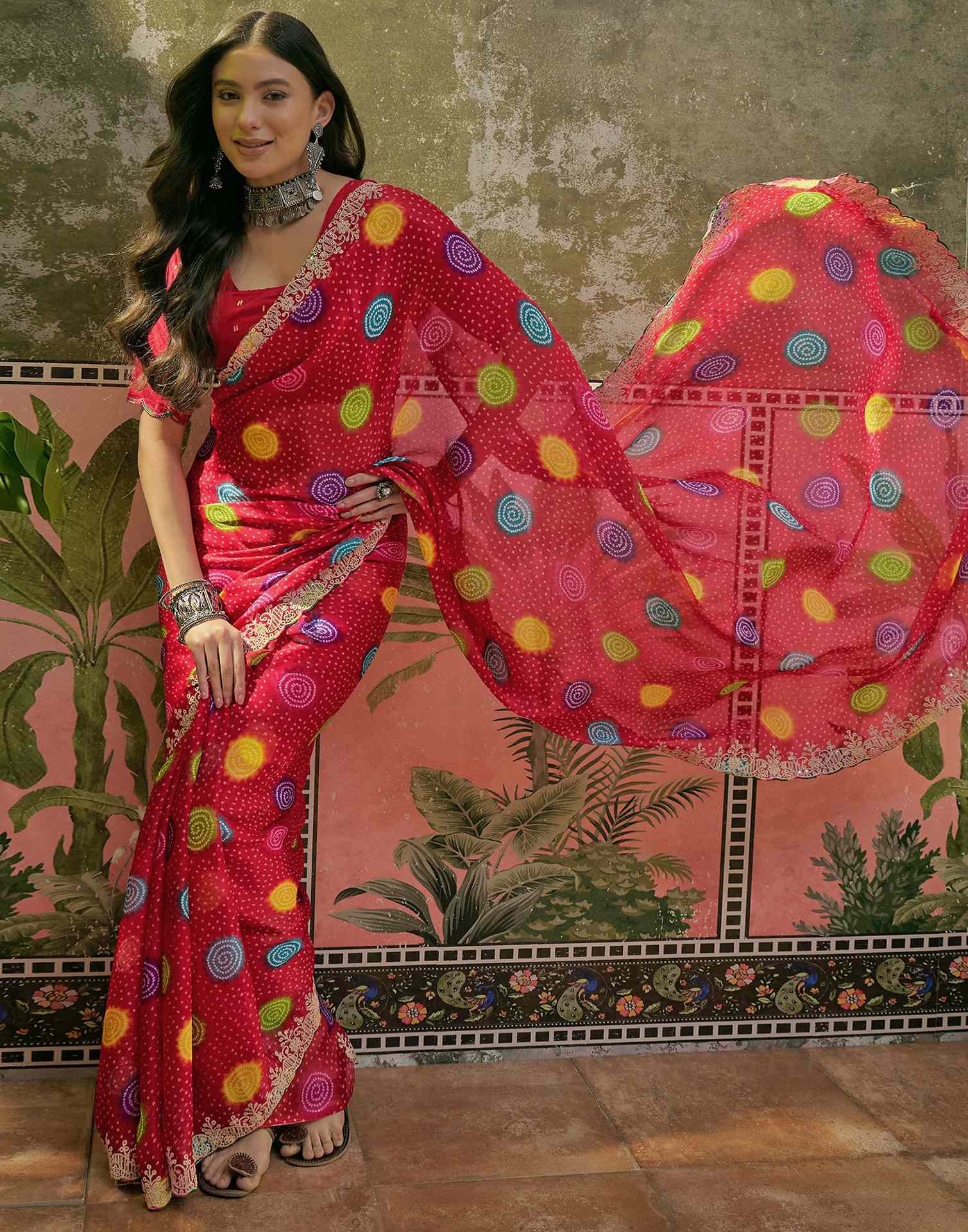 Red Chiffon Bandhani Printed Embroidery Saree