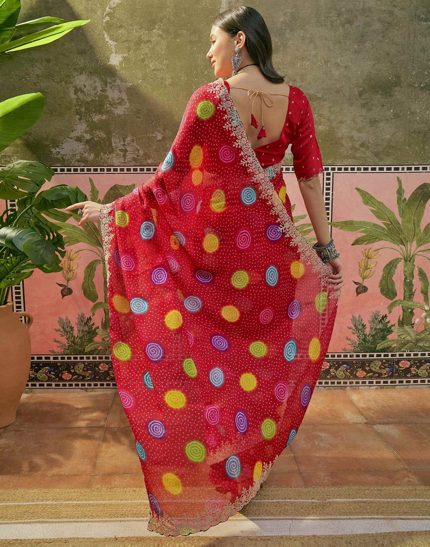 Red Chiffon Bandhani Printed Embroidery Saree