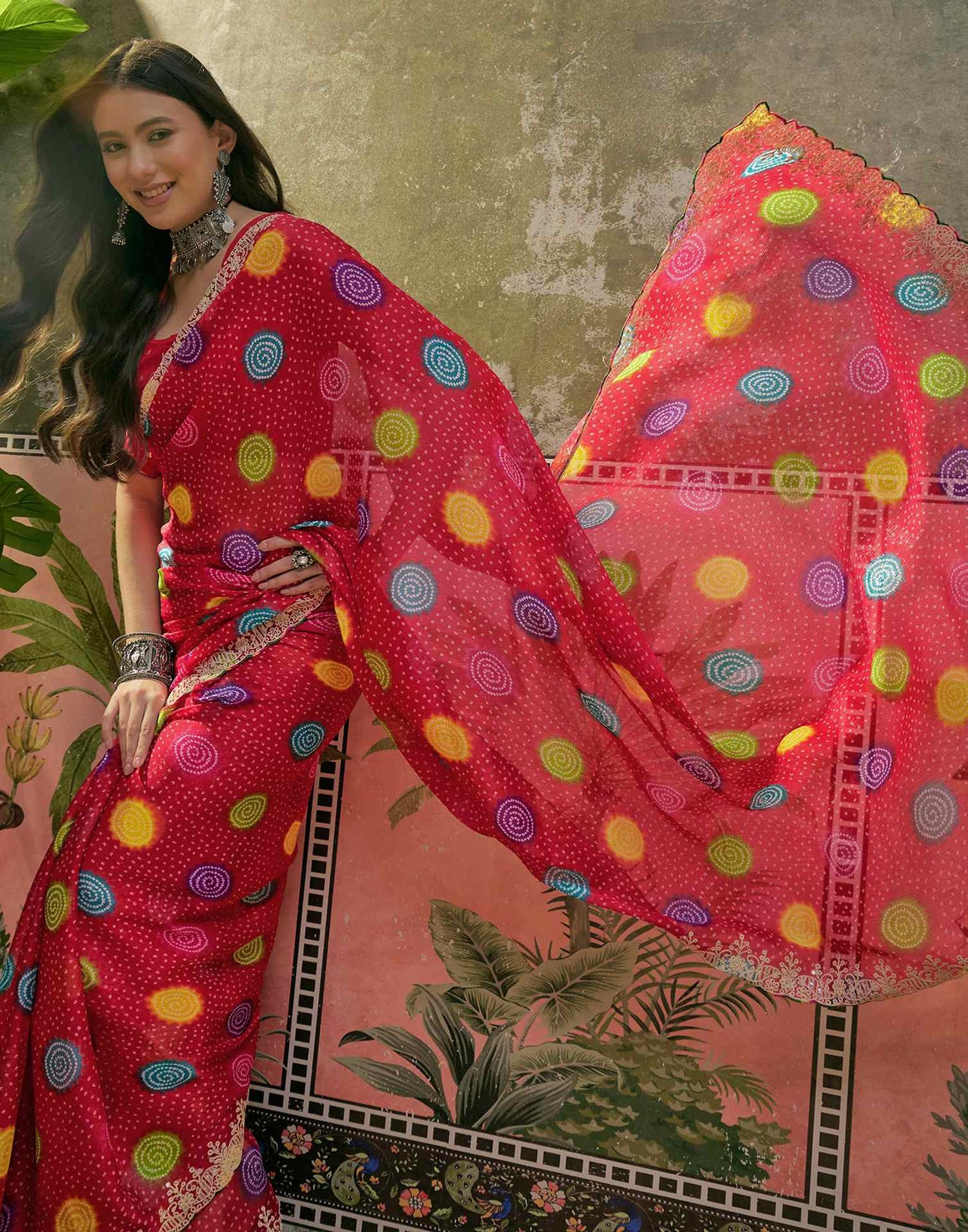 Red Chiffon Bandhani Printed Embroidery Saree