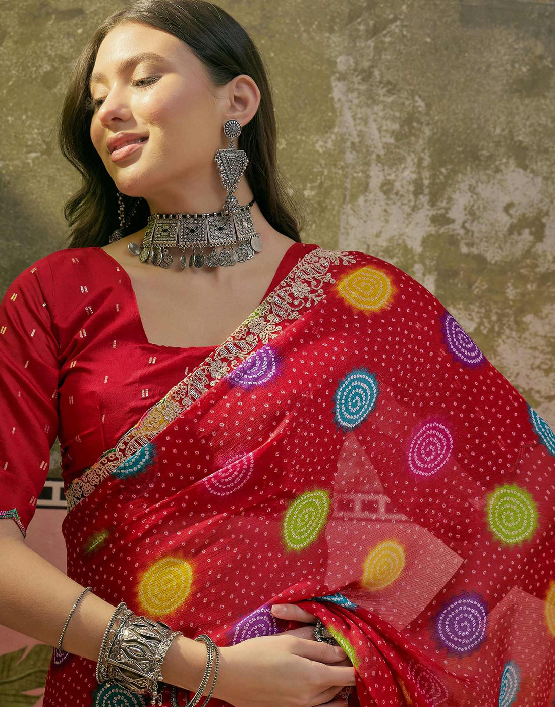Red Chiffon Bandhani Printed Embroidery Saree