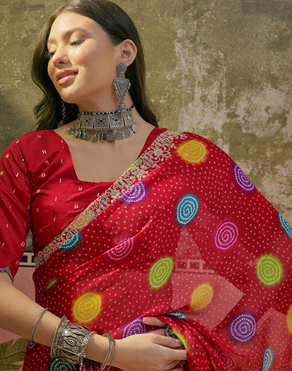 Red Chiffon Bandhani Printed Embroidery Saree