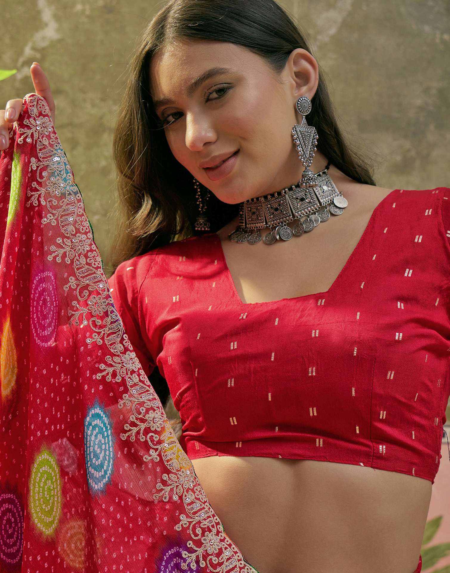 Red Chiffon Bandhani Printed Embroidery Saree